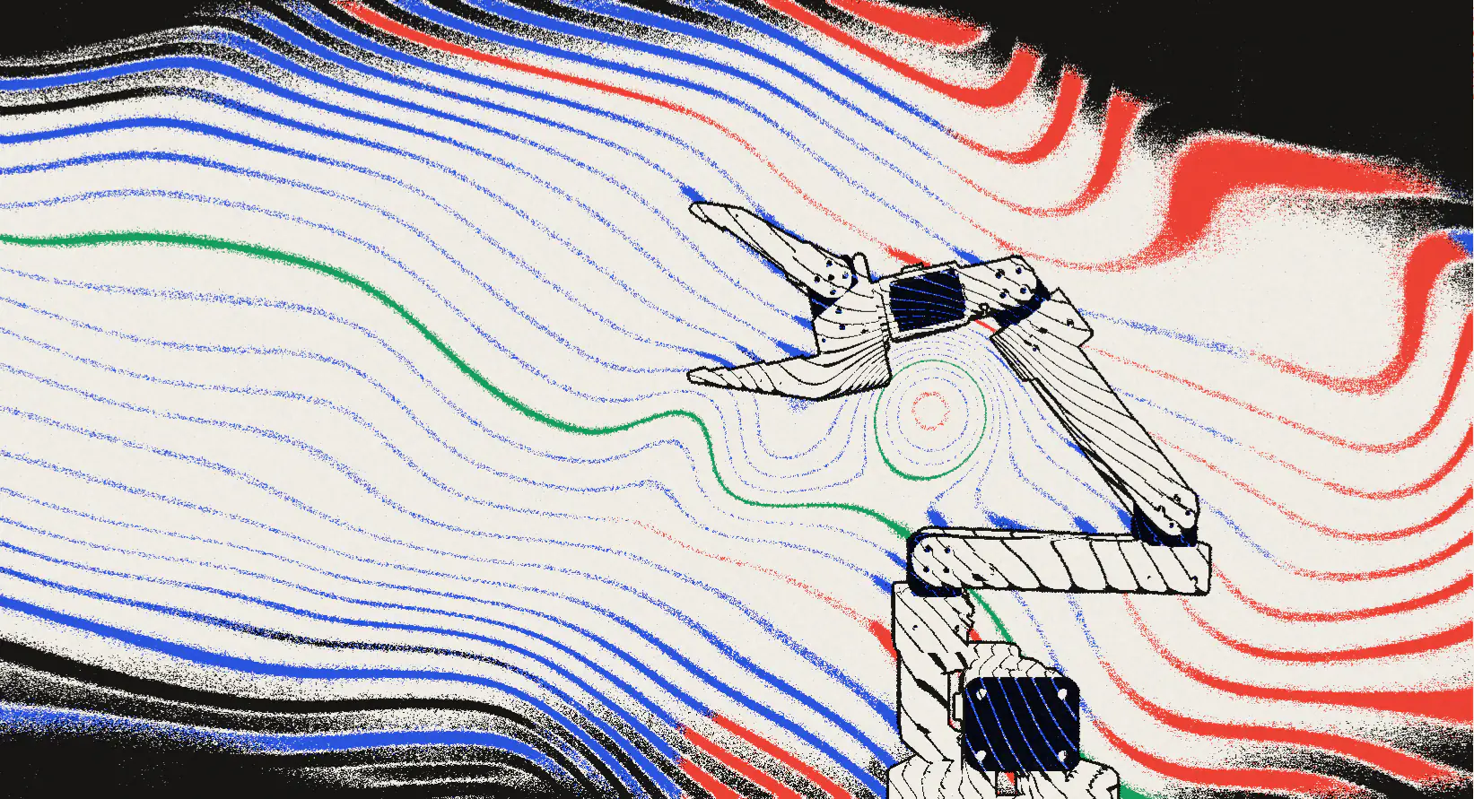 The SO-101 robot arm, printed in red, blue, green and black risograph stripes.