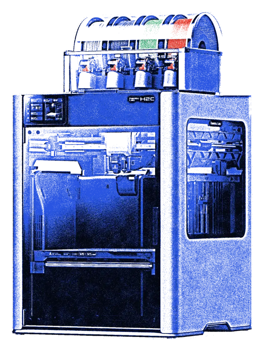 A Bambu Lab H2C 3D printer with its filament unit on top, printed in blue with red and green spools.