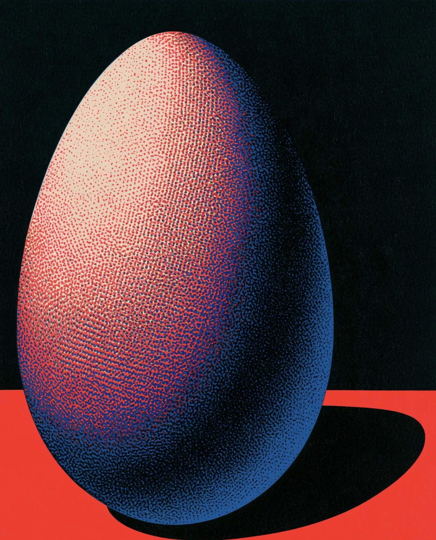 A single egg on a red table against black, printed in red, blue and black.