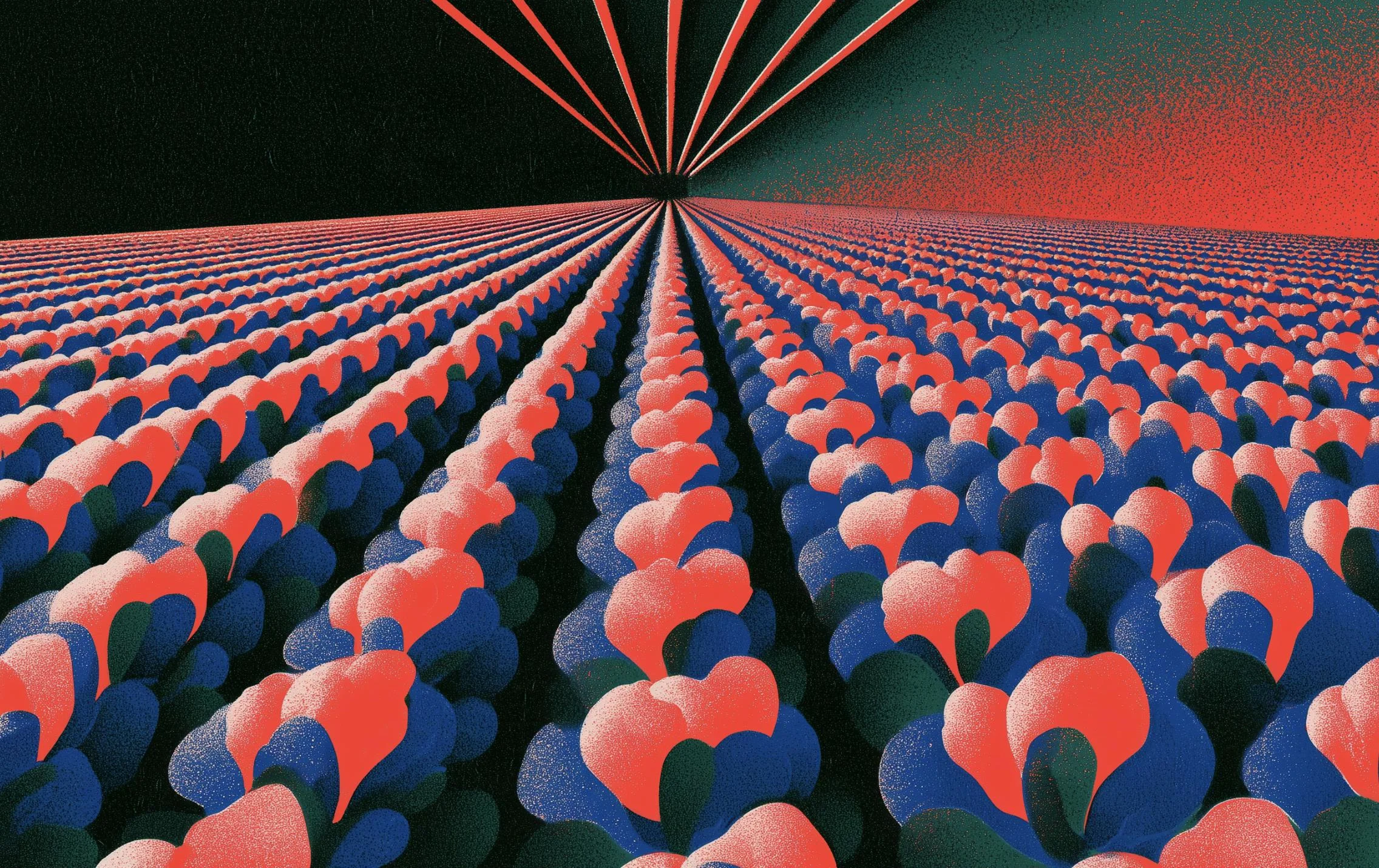 Rows of crops running to the horizon under rays of light, printed in red, blue, green and black.