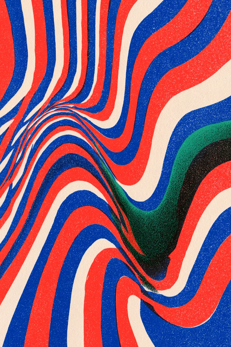 Risograph print of red and blue stripes folding into a fault line, one green line through it.