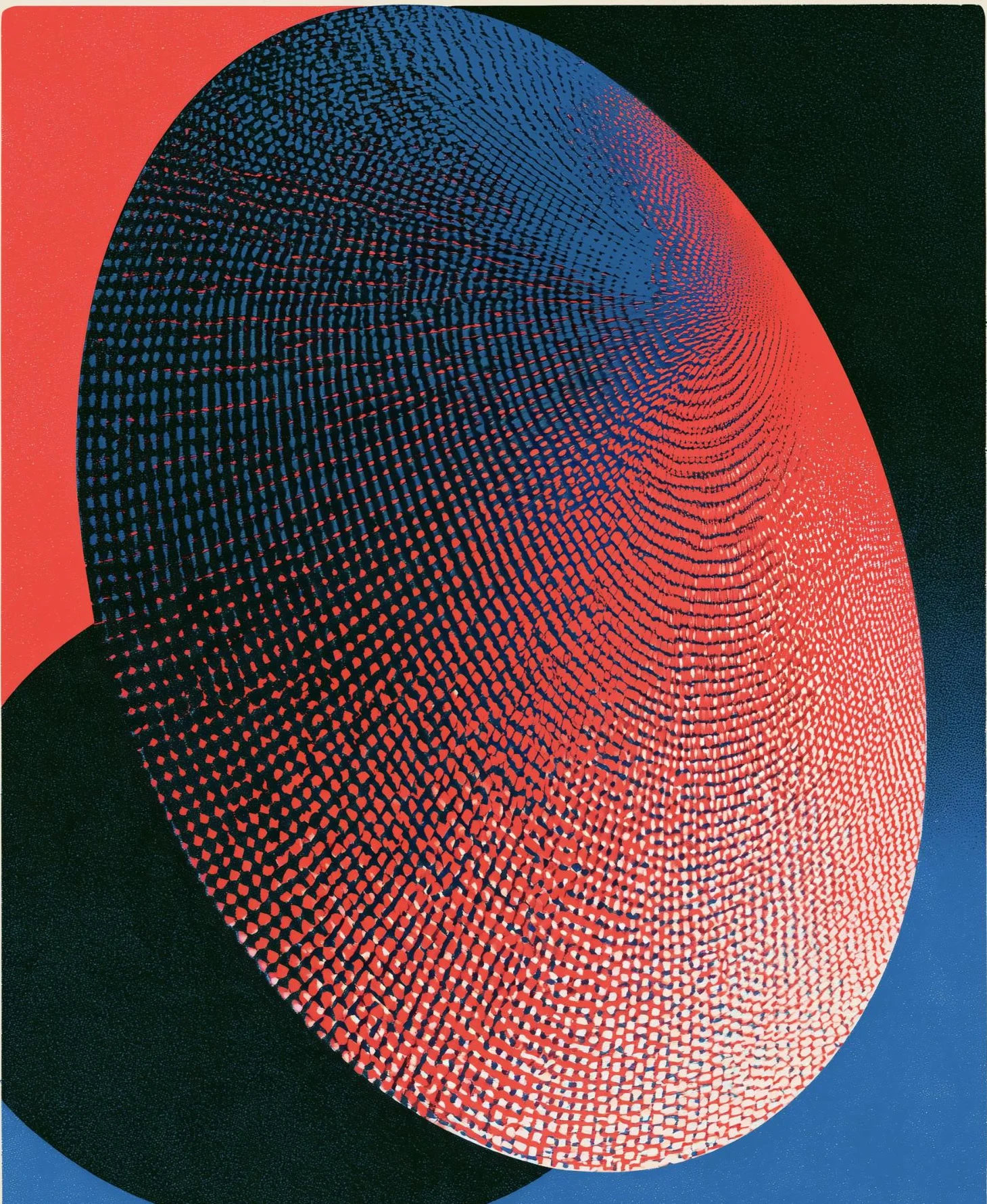 A silicon wafer, its die grid printed in red, blue and black risograph inks.