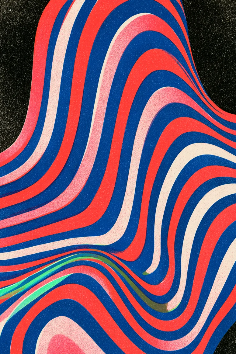 Risograph print of cobalt, red and pink bands bending like a wave, with a green line through them.