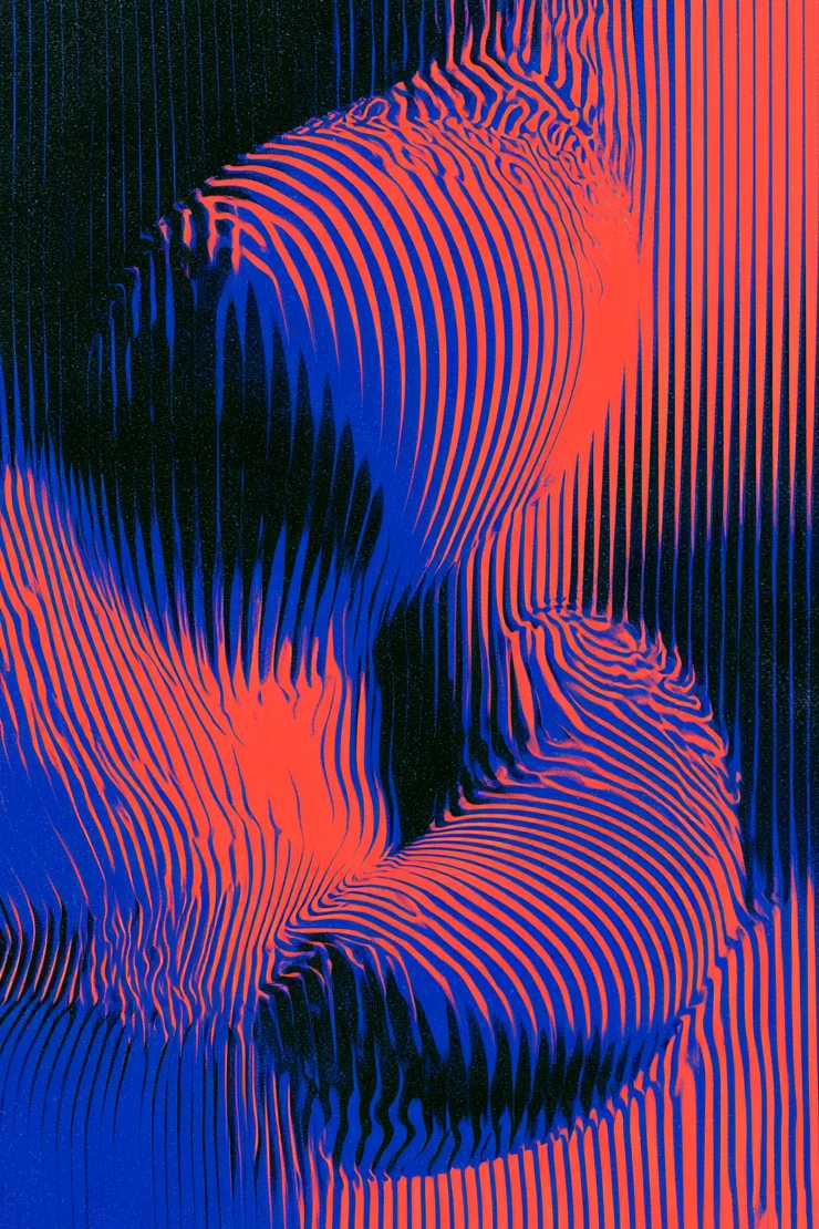 Risograph print of a form scanned in fine vertical red and blue lines.